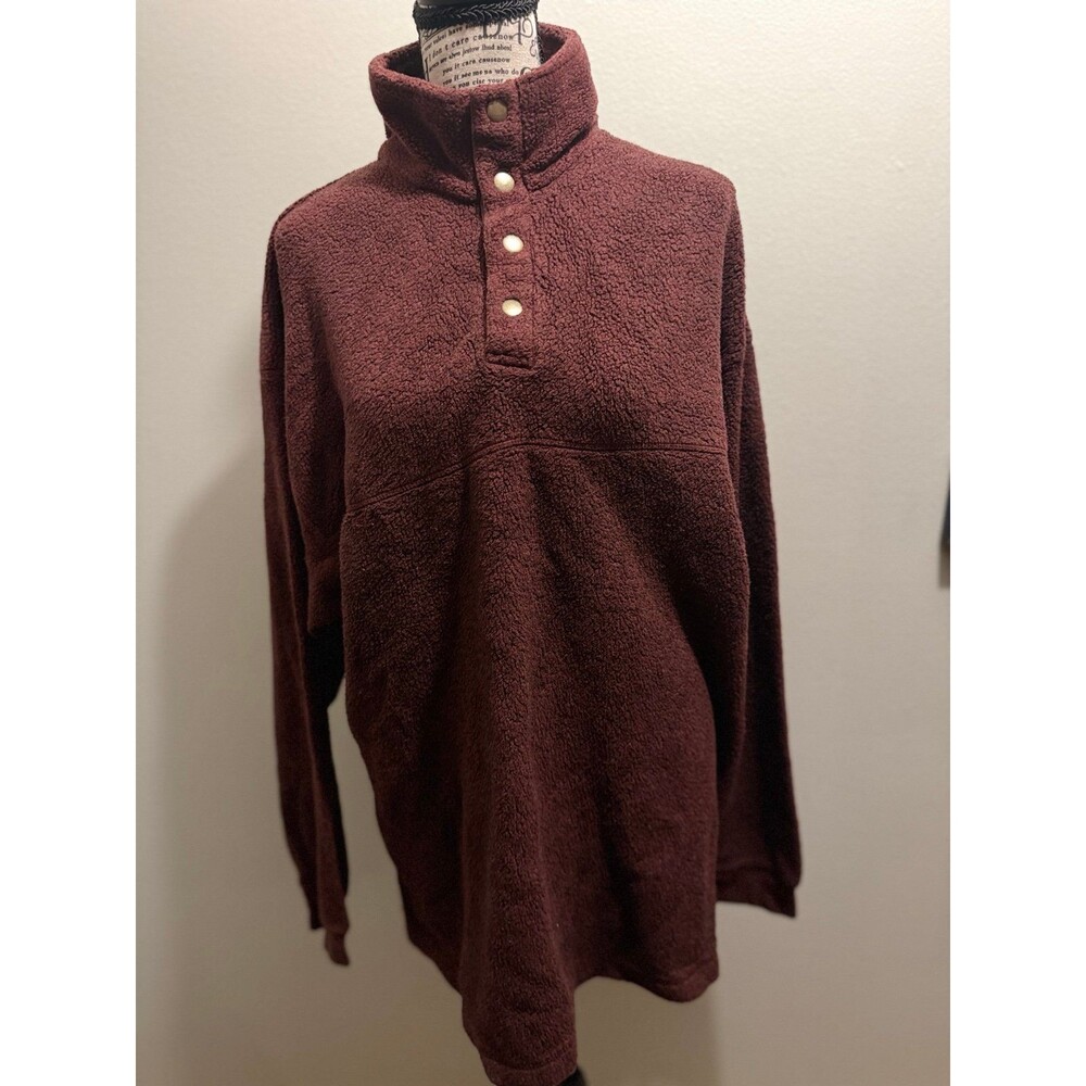 Norm Thompson Fleece Button-Neck Pullover Large Maroon